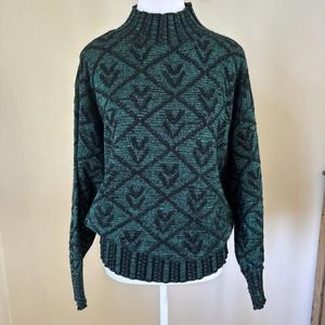 Private Eyes Womens Vintage Sweater Sz S Mock Neck 80s Green Metallic Holiday